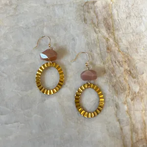 Peach Moonstone Crimped Oval Earrings