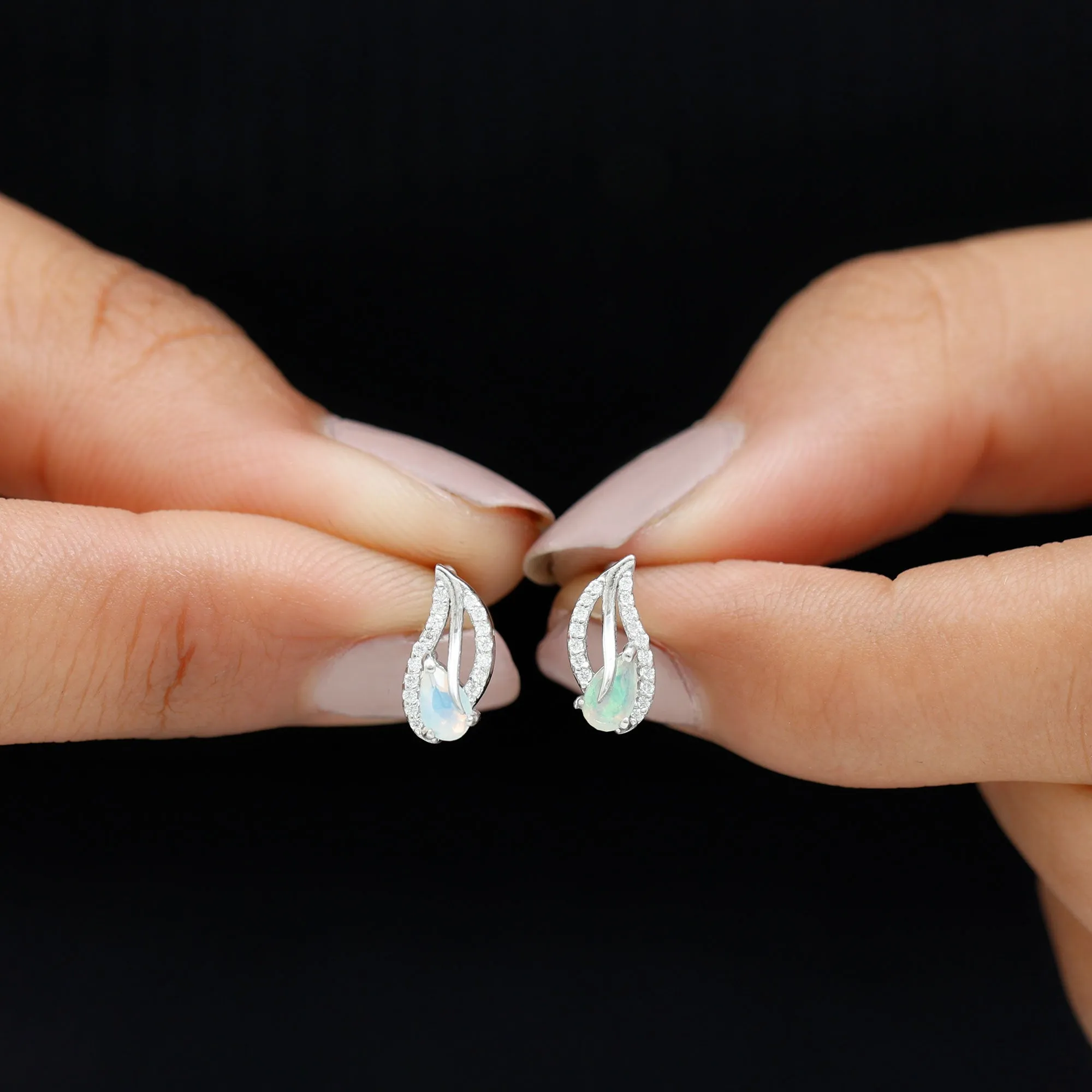 Pear Shape Ethiopian Opal Silver Leaf Stud Earrings with Moissanite