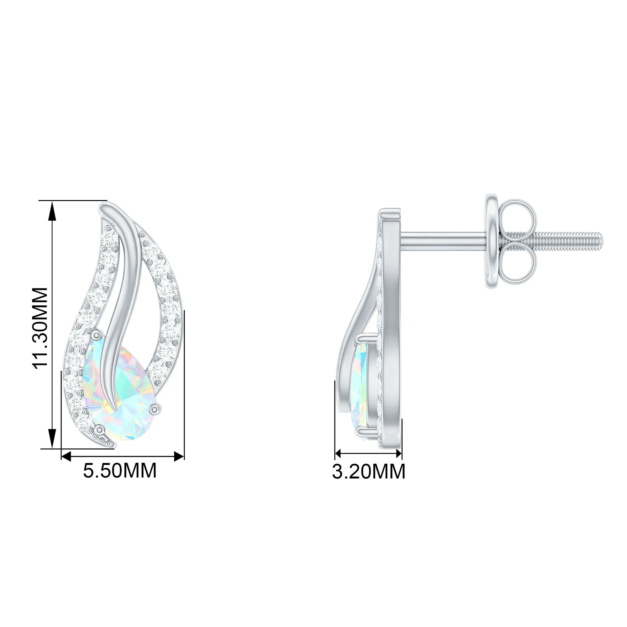 Pear Shape Ethiopian Opal Silver Leaf Stud Earrings with Moissanite