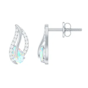 Pear Shape Ethiopian Opal Silver Leaf Stud Earrings with Moissanite
