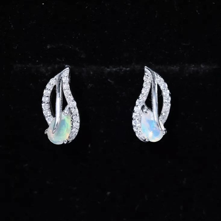 Pear Shape Ethiopian Opal Silver Leaf Stud Earrings with Moissanite