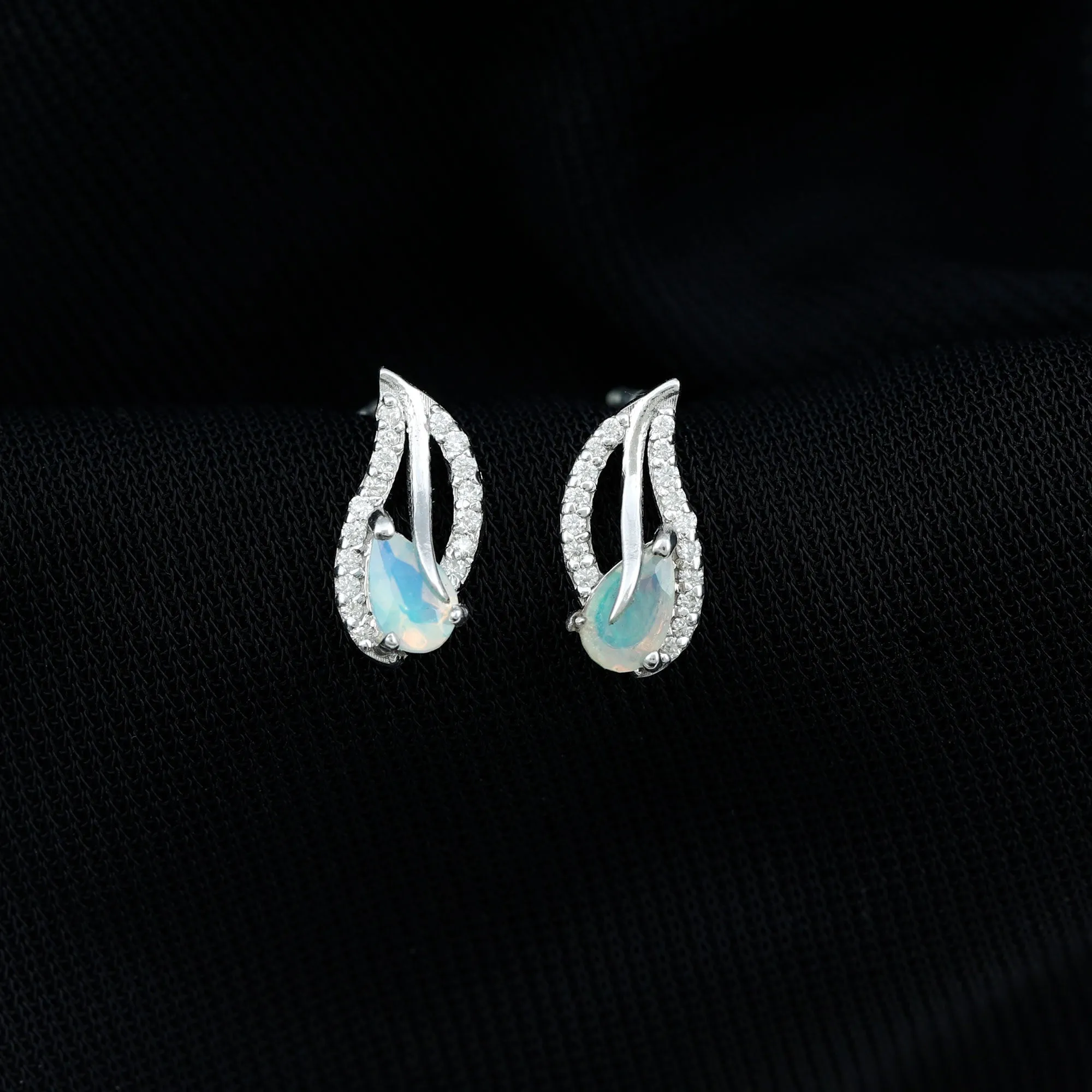 Pear Shape Ethiopian Opal Silver Leaf Stud Earrings with Moissanite