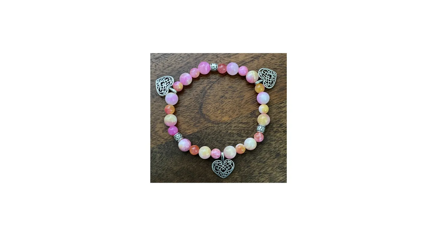 Pink Yellow Gemstone Bracelet | Heart Charm Bracelet | Gifts for Her | Antique Silver Charms | Silver Spacers | Jade Stones | Girls Bracelet