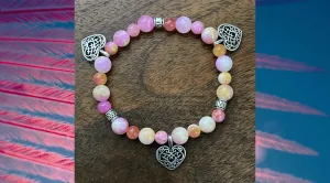 Pink Yellow Gemstone Bracelet | Heart Charm Bracelet | Gifts for Her | Antique Silver Charms | Silver Spacers | Jade Stones | Girls Bracelet