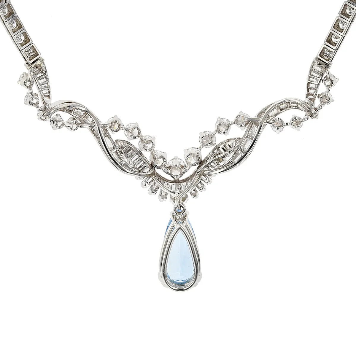 Platinum Pear Shape Aquamarine and Diamond Necklace