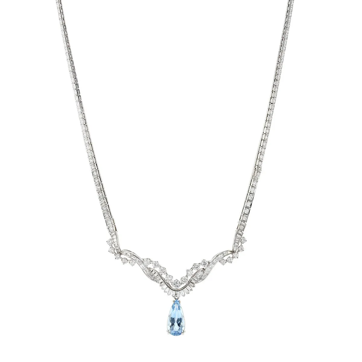Platinum Pear Shape Aquamarine and Diamond Necklace