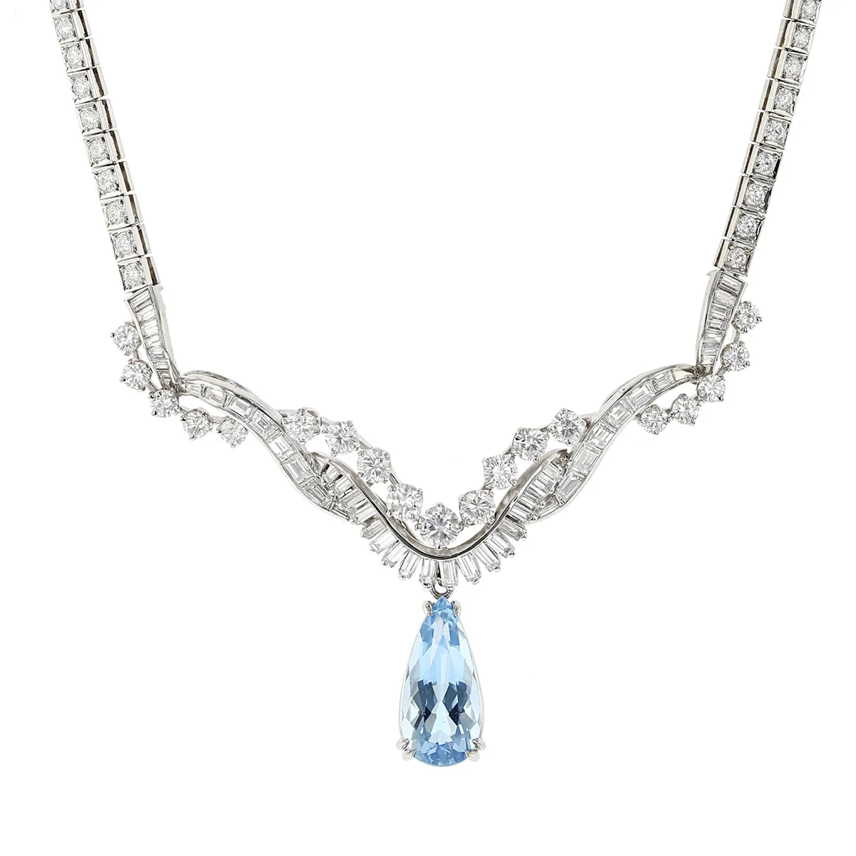 Platinum Pear Shape Aquamarine and Diamond Necklace