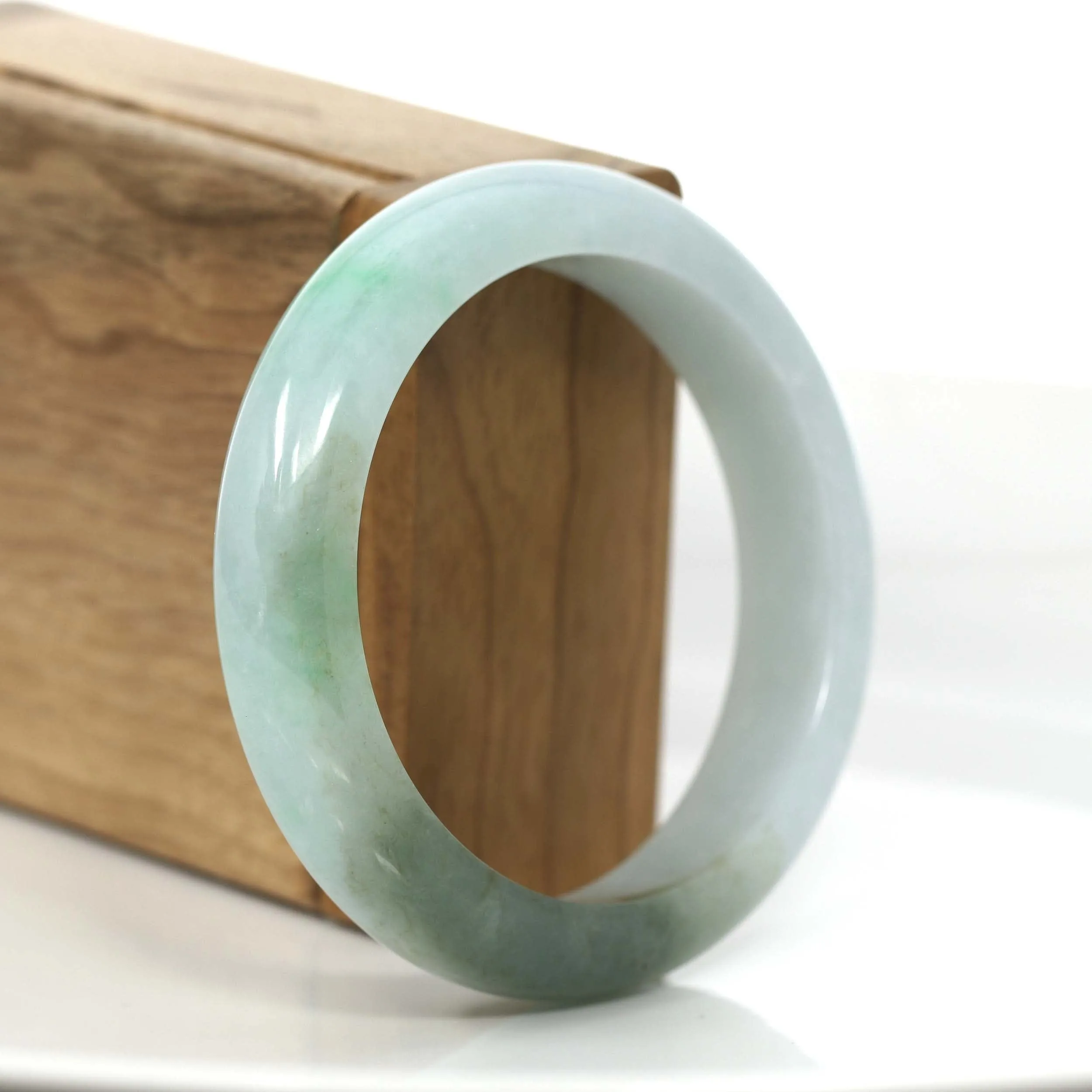 "Classic Princess Half Round" Genuine Burmese Forest Green & White Jadeite Jade Bangle Bracelet (56.11 mm ) #723