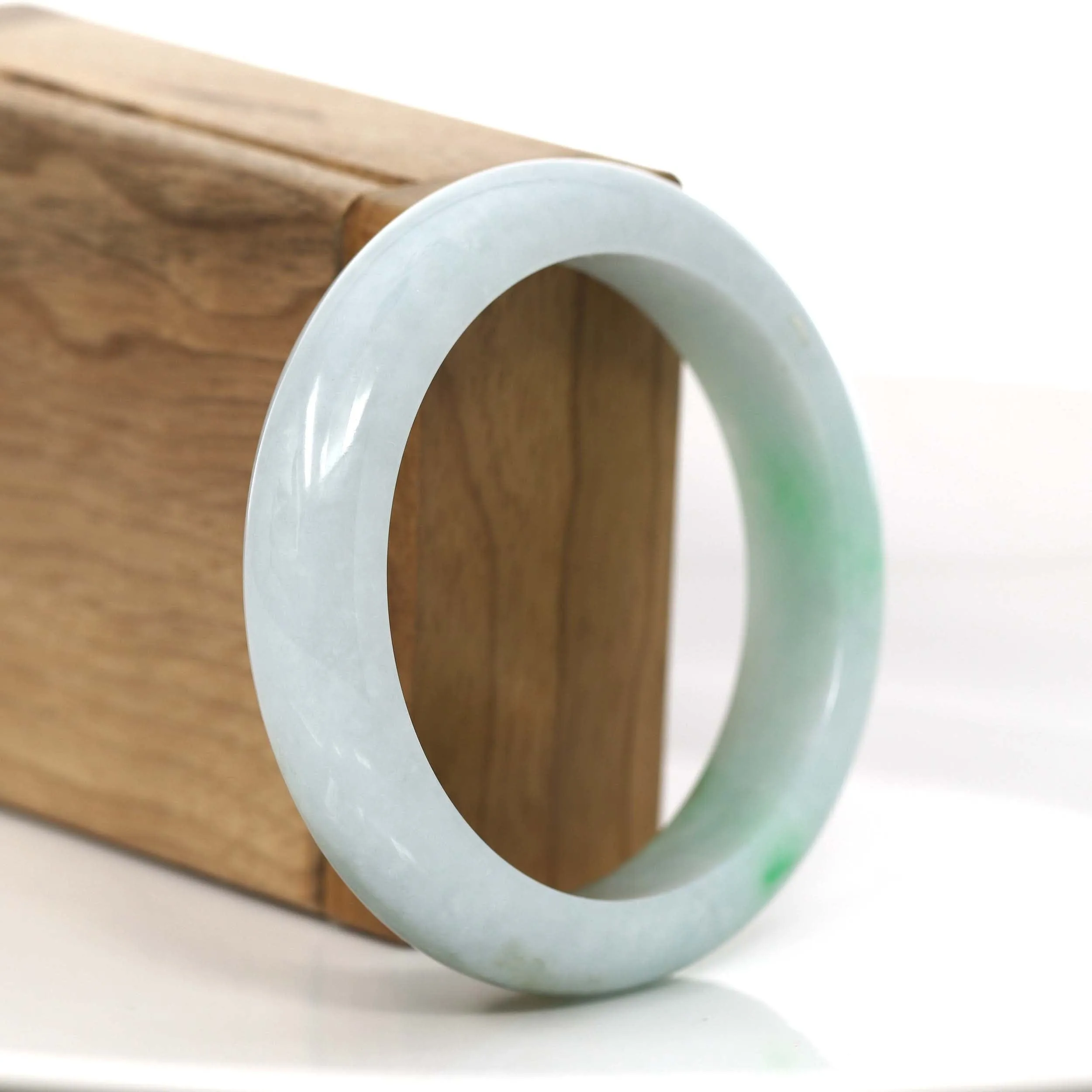 "Classic Princess Half Round" Genuine Burmese Forest Green & White Jadeite Jade Bangle Bracelet (56.11 mm ) #723