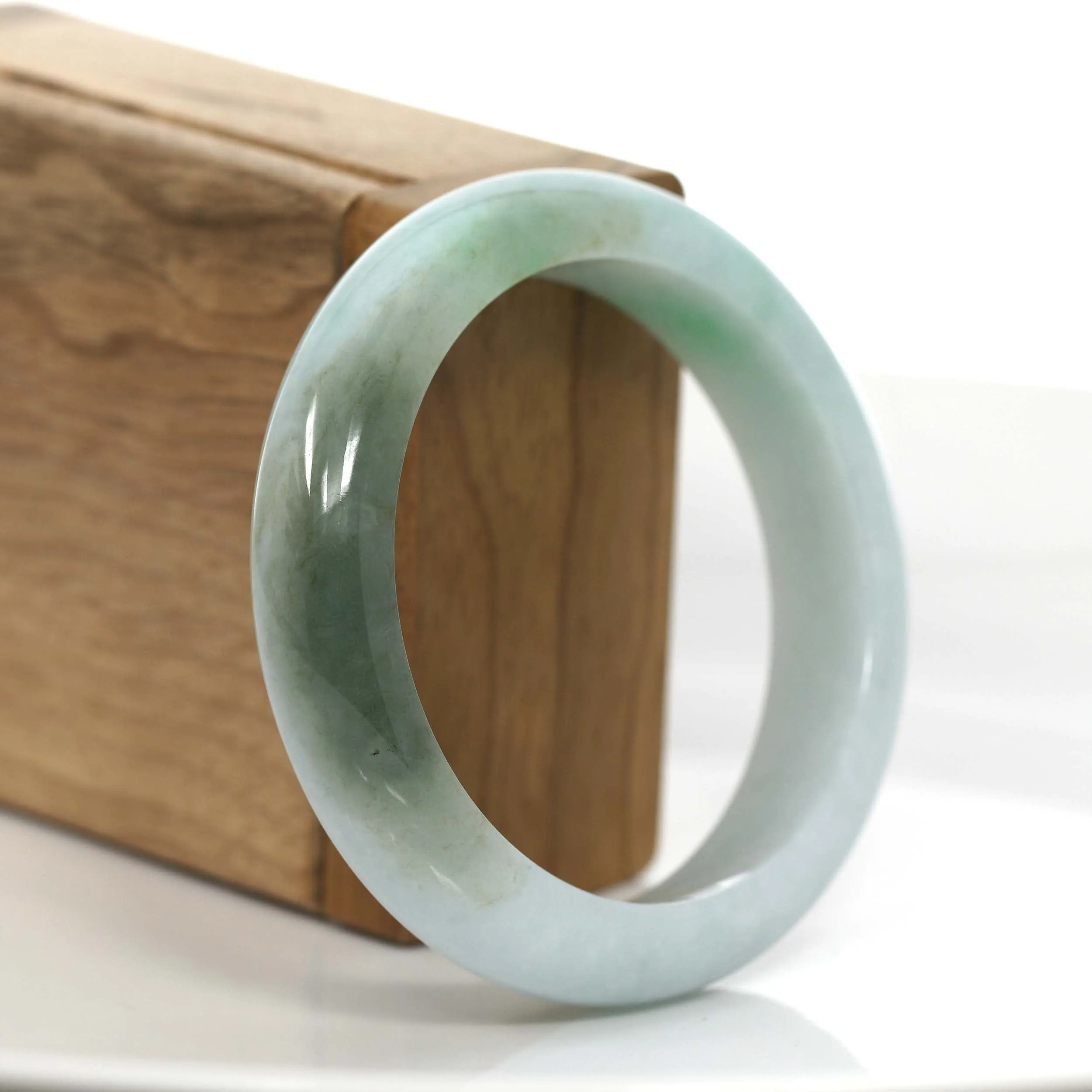"Classic Princess Half Round" Genuine Burmese Forest Green & White Jadeite Jade Bangle Bracelet (56.11 mm ) #723
