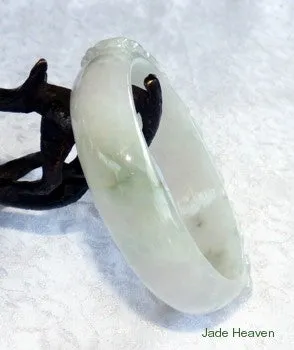 "Glorious Phoenix" White Carved Jadeite Jade Small Oval Bangle Bracelet Fits Like 48mm 49mm (JHBB300)