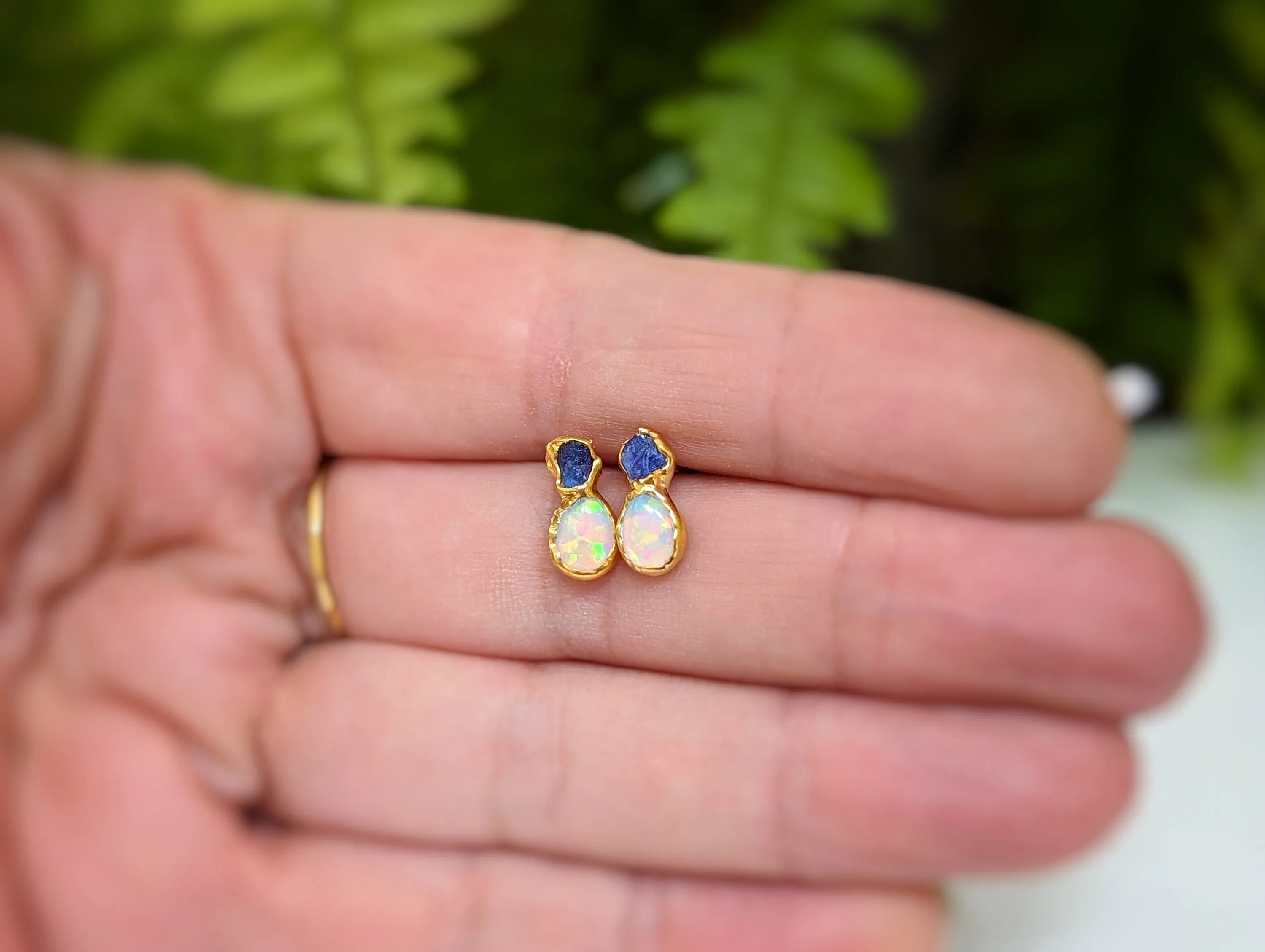 Raw Sapphire and Opal stud earrings