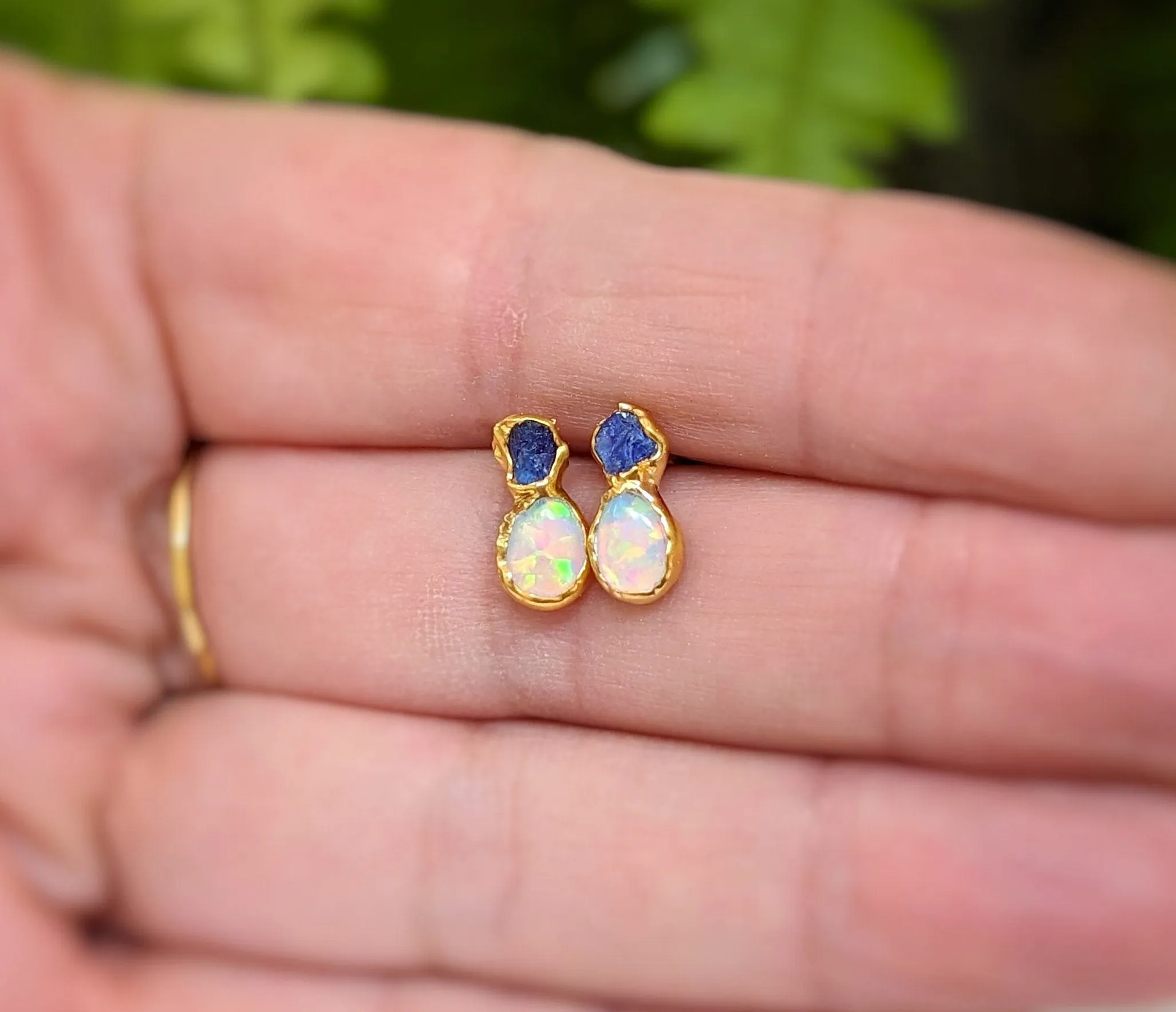 Raw Sapphire and Opal stud earrings