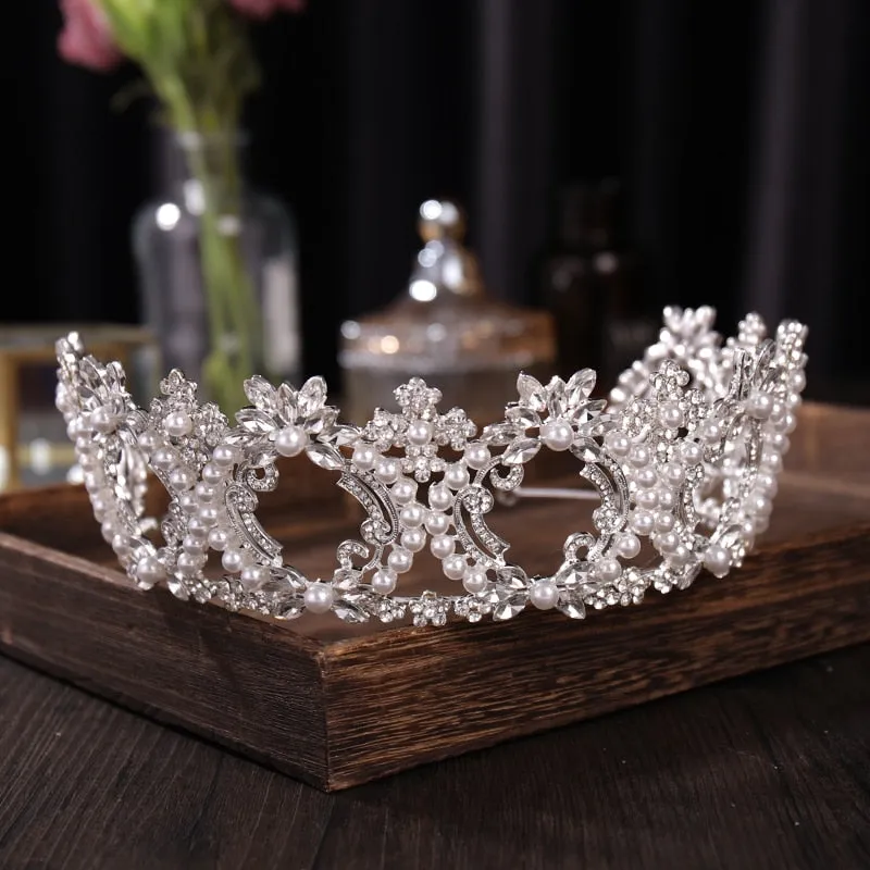 Silver and Pearl Classic Bridal Tiara-Crown Rhinestone-Wedding-Quince- Pageant