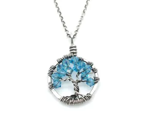 Silver Aquamarine Tree of Life Crystal Necklace (March)