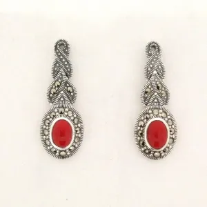 Silver Marcasite Coral Earrings Oval