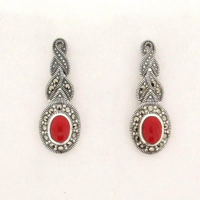 Silver Marcasite Coral Earrings Oval