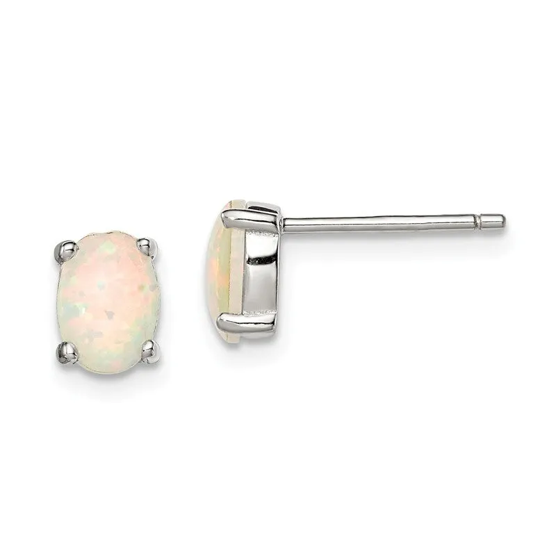 Sterling Silver 5x7mm Oval Created White Opal Post Earrings