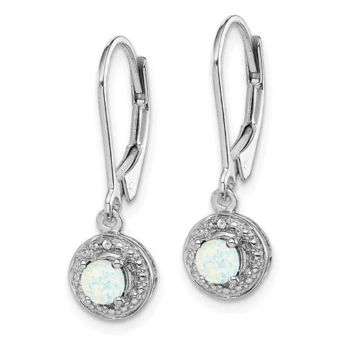 Sterling Silver Created White Opal and Diamond Halo-Style Leverback Earrings