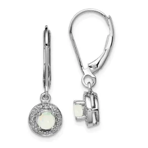 Sterling Silver Created White Opal and Diamond Halo-Style Leverback Earrings