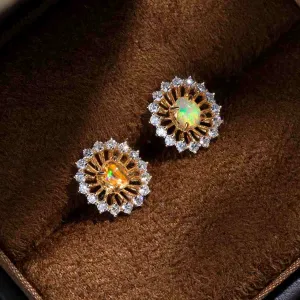 The Sunshine - Fire Opal Halo Diamond Stud Earrings 18k Yellow Gold