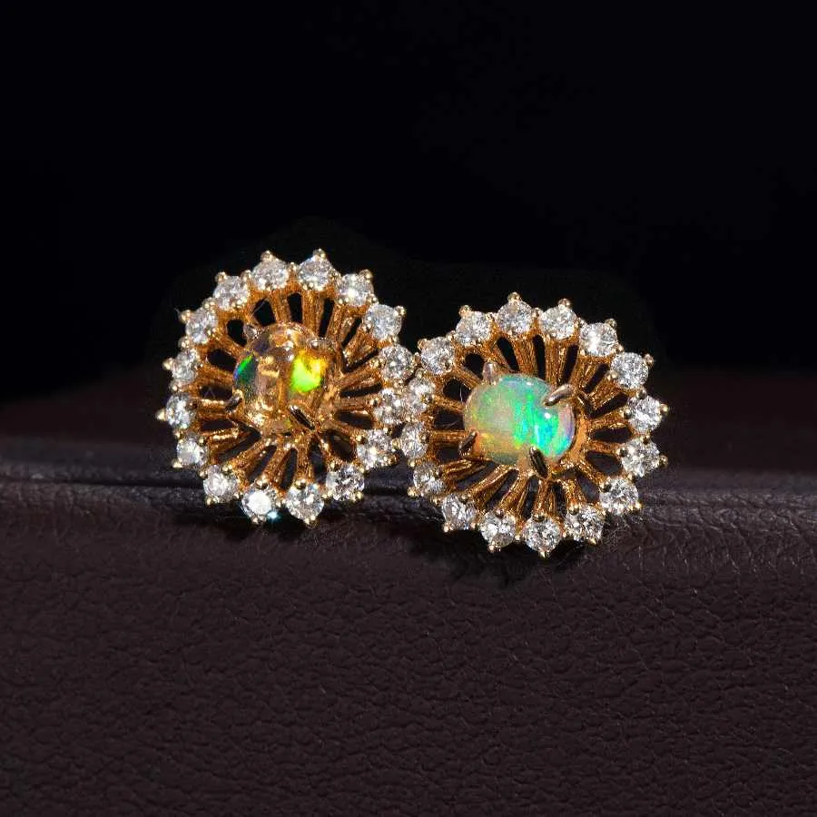 The Sunshine - Fire Opal Halo Diamond Stud Earrings 18k Yellow Gold