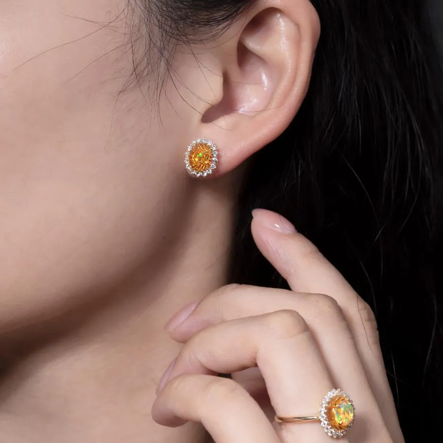 The Sunshine - Fire Opal Halo Diamond Stud Earrings 18k Yellow Gold