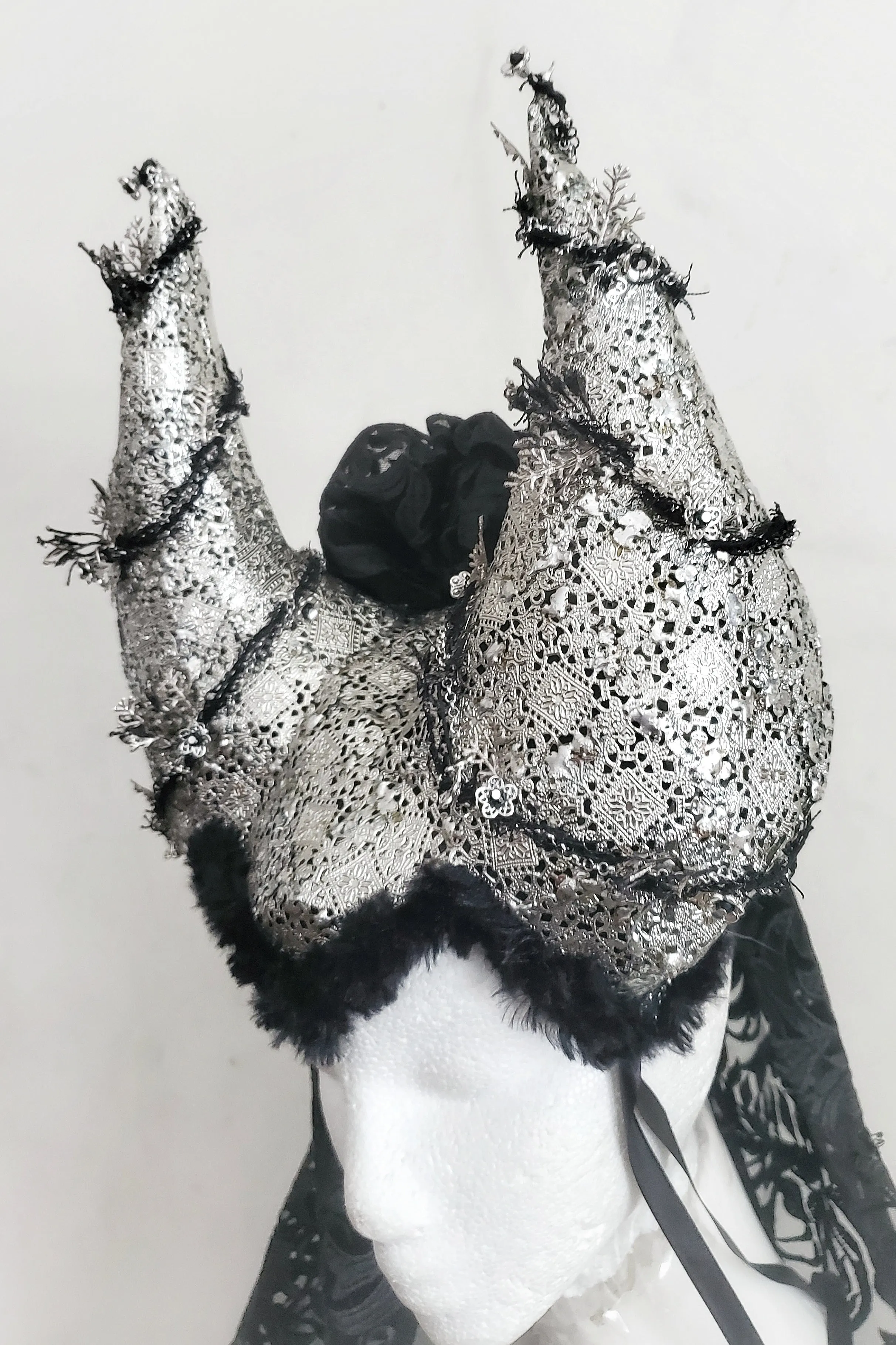 Tribal Goth Horned Headress with Embroidered Veil