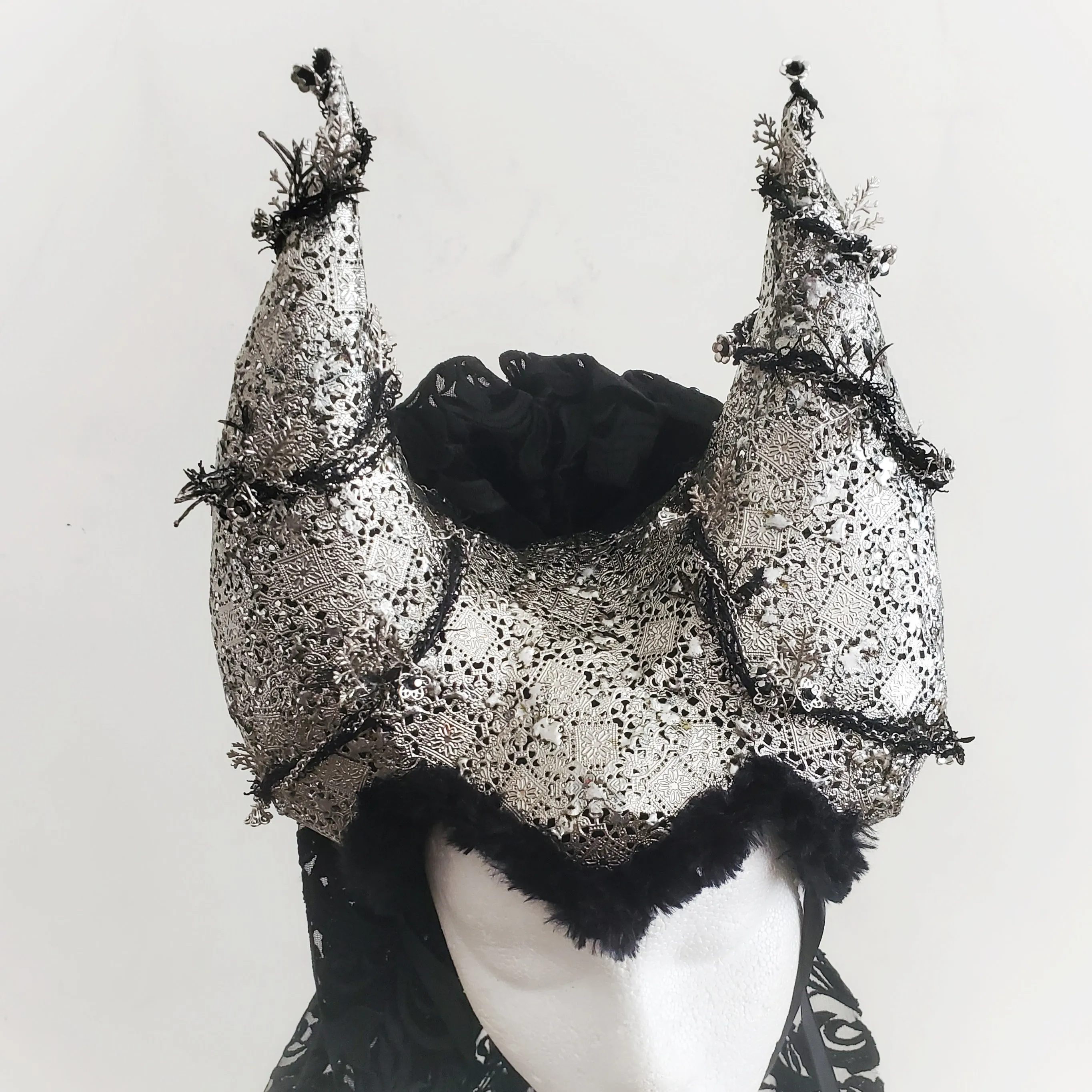 Tribal Goth Horned Headress with Embroidered Veil