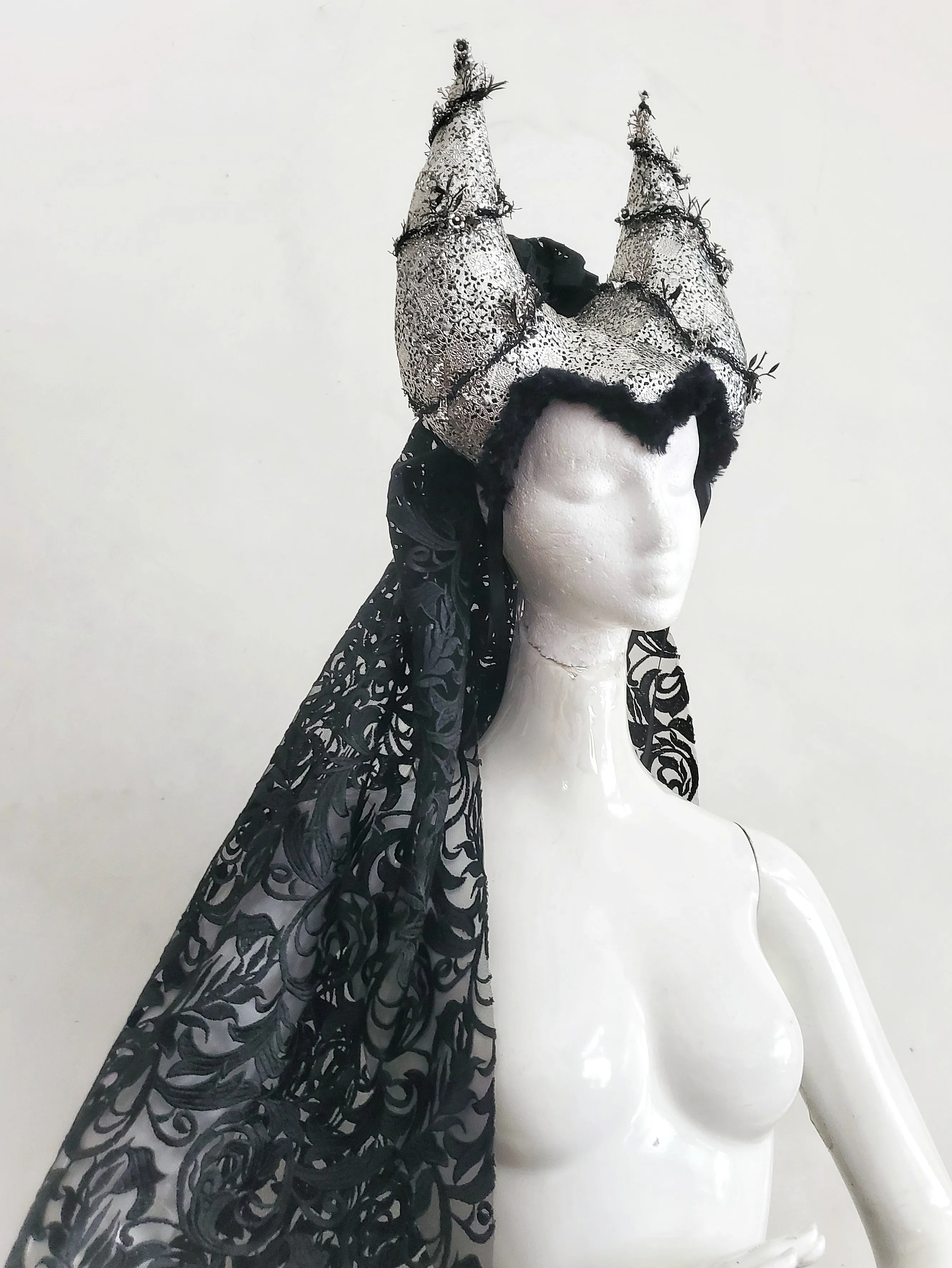 Tribal Goth Horned Headress with Embroidered Veil