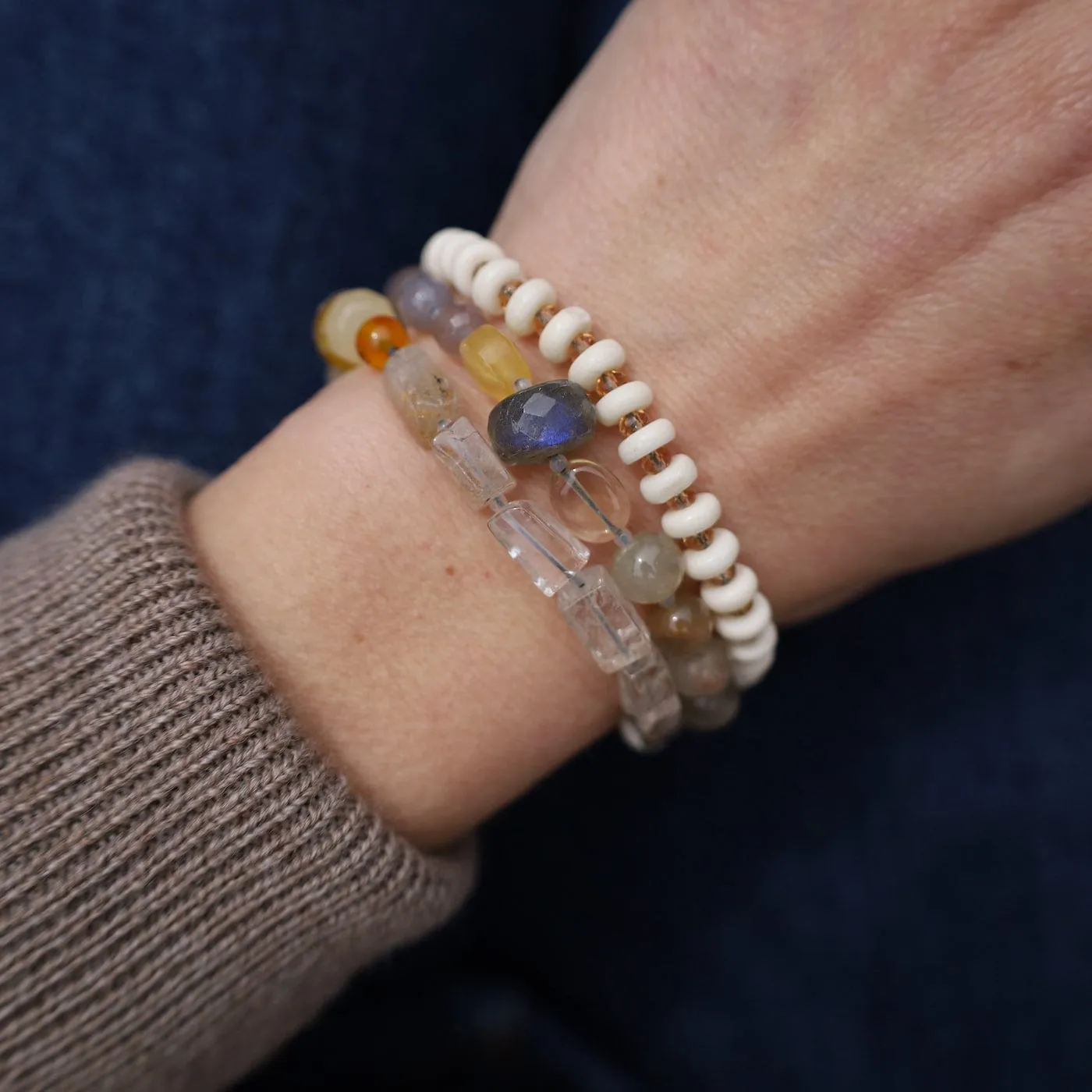 Triple Strand Bone & Labradorite Mix Bracelet