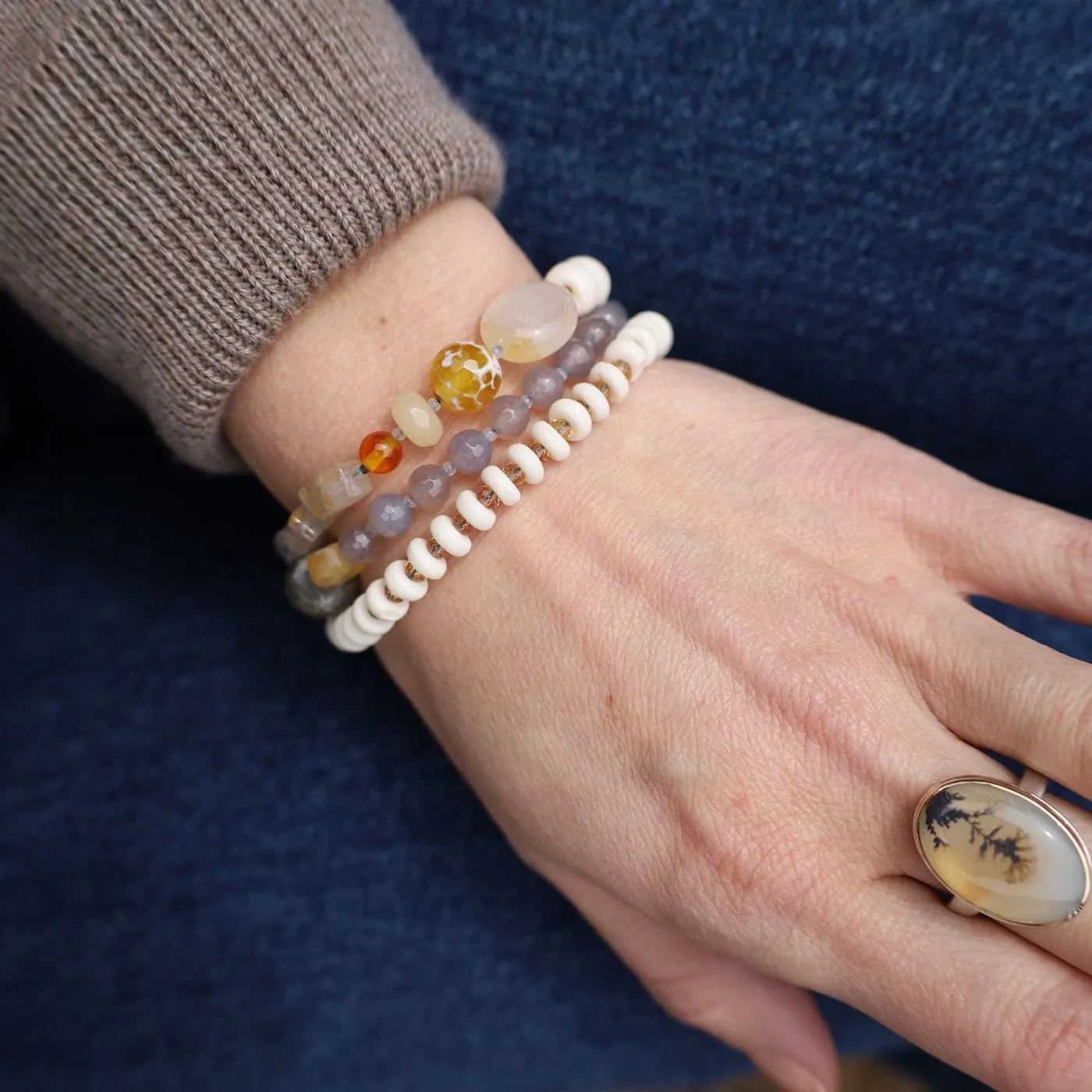 Triple Strand Bone & Labradorite Mix Bracelet