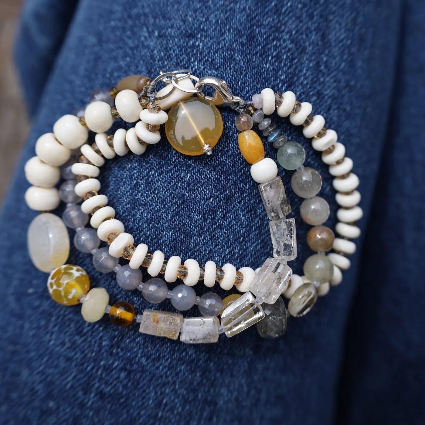 Triple Strand Bone & Labradorite Mix Bracelet