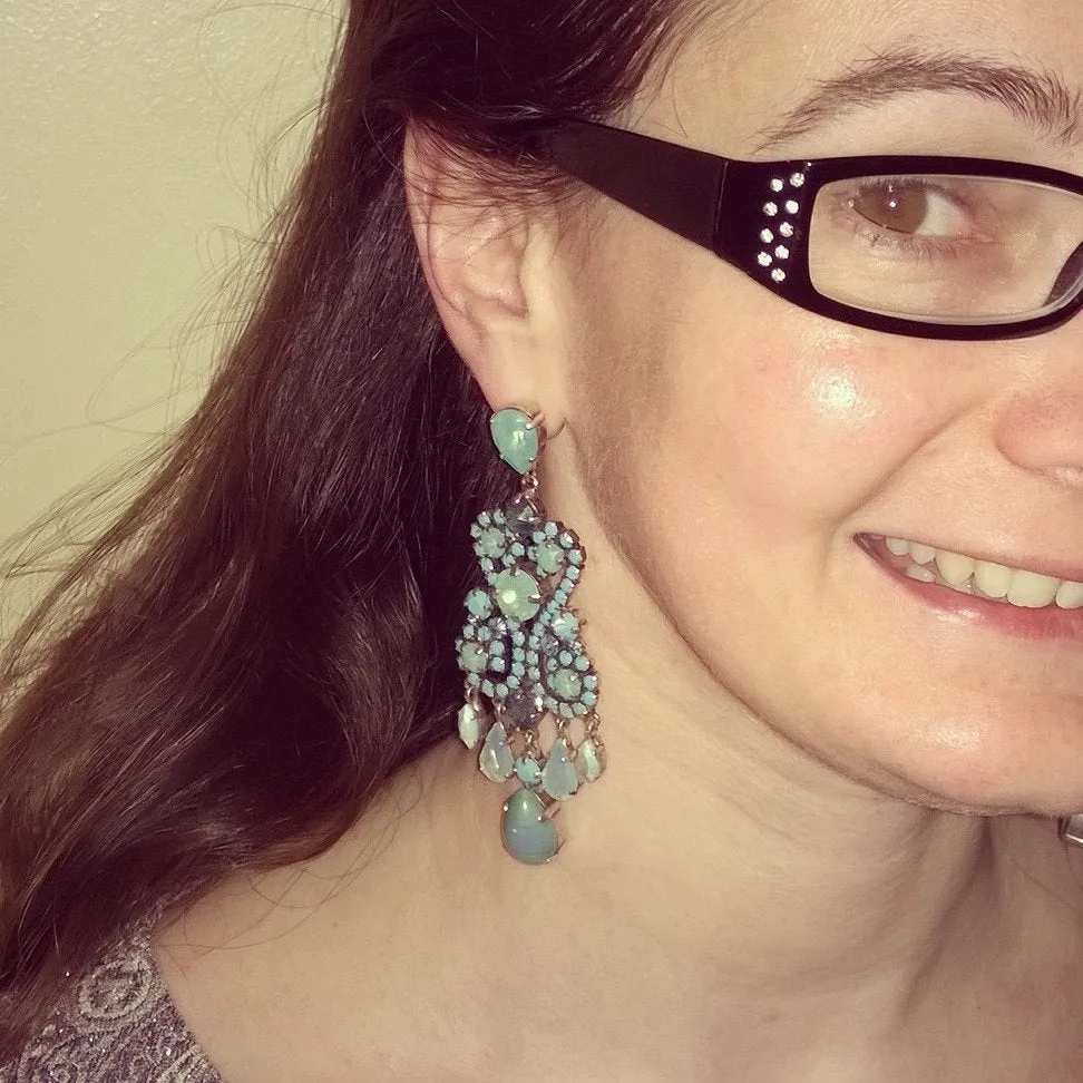 Turquoise Earrings Blue Glass and Crystal Chandelier Pierced by Frangos