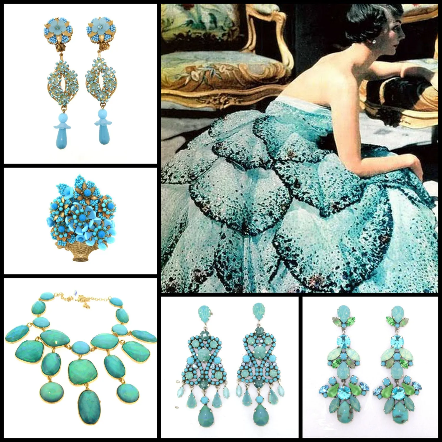 Turquoise Earrings Blue Glass and Crystal Chandelier Pierced by Frangos