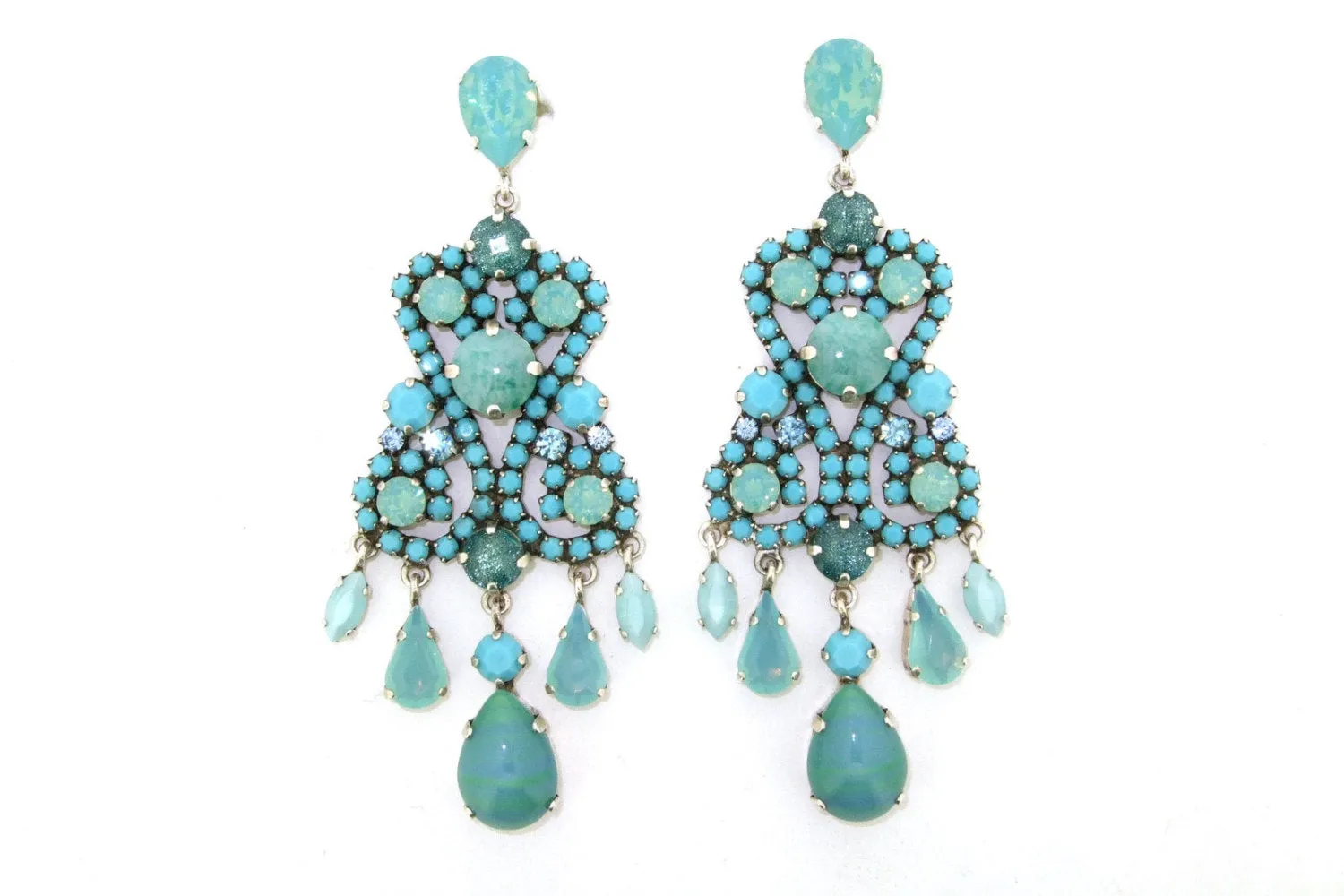 Turquoise Earrings Blue Glass and Crystal Chandelier Pierced by Frangos