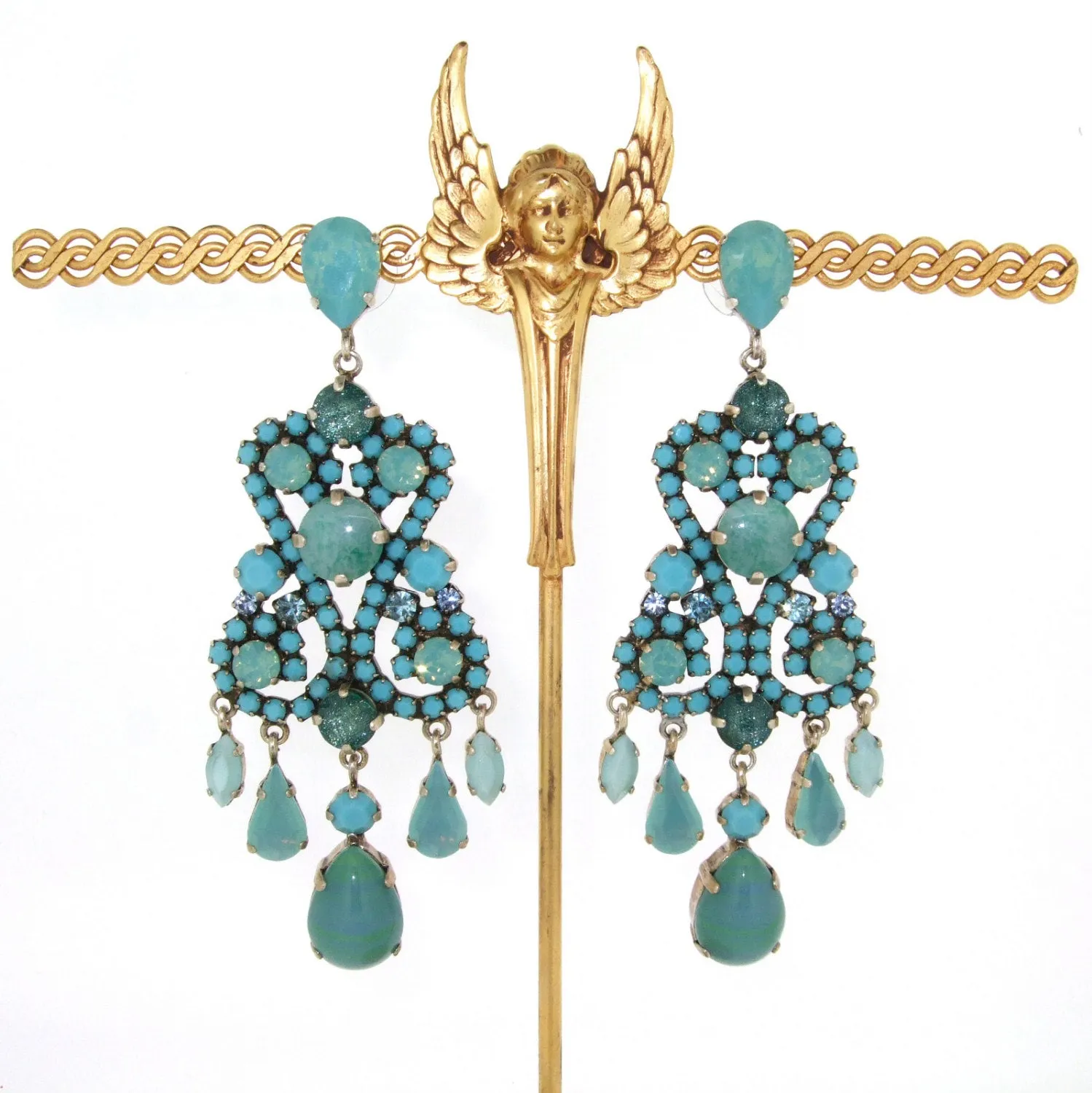 Turquoise Earrings Blue Glass and Crystal Chandelier Pierced by Frangos