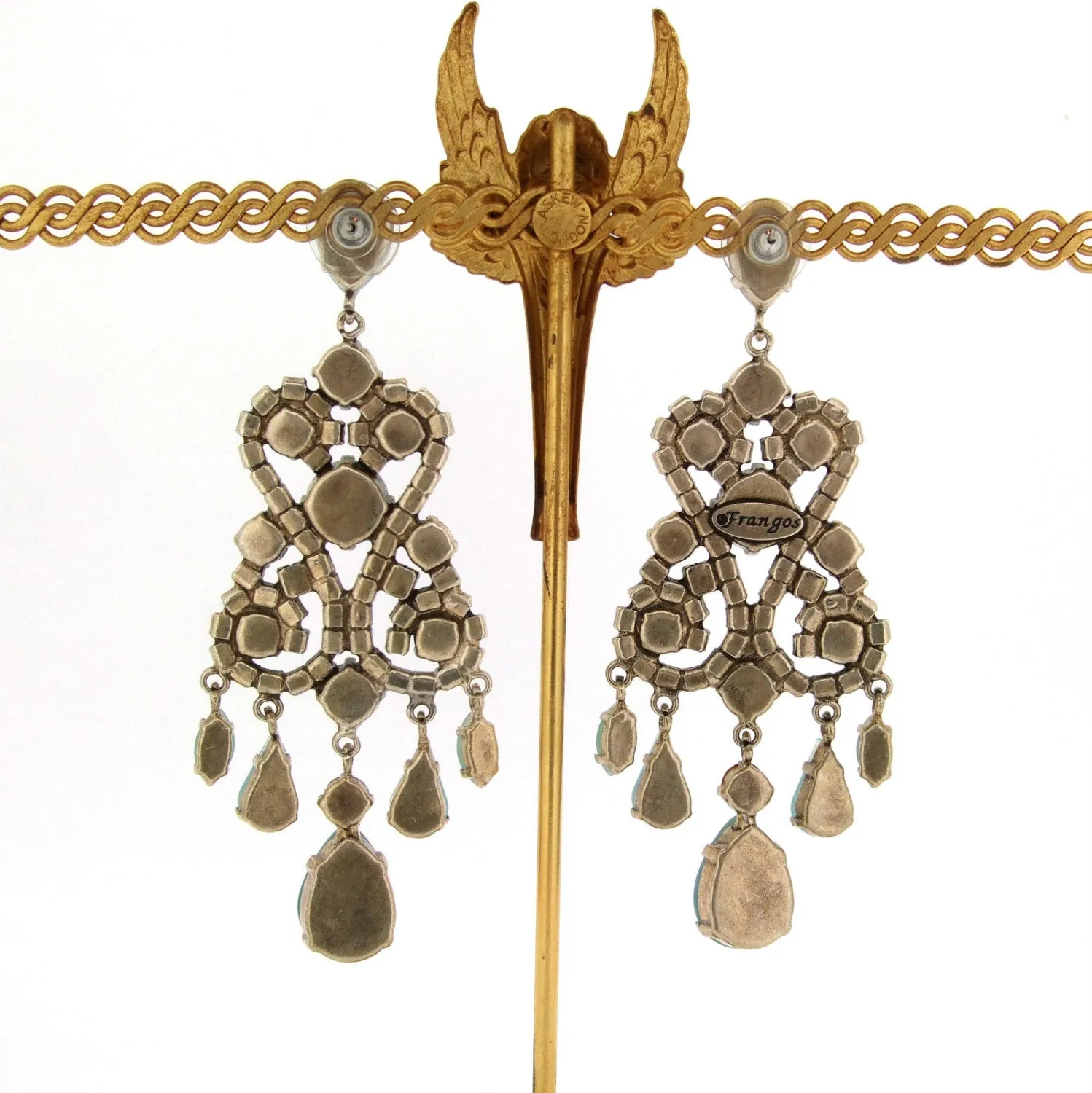 Turquoise Earrings Blue Glass and Crystal Chandelier Pierced by Frangos