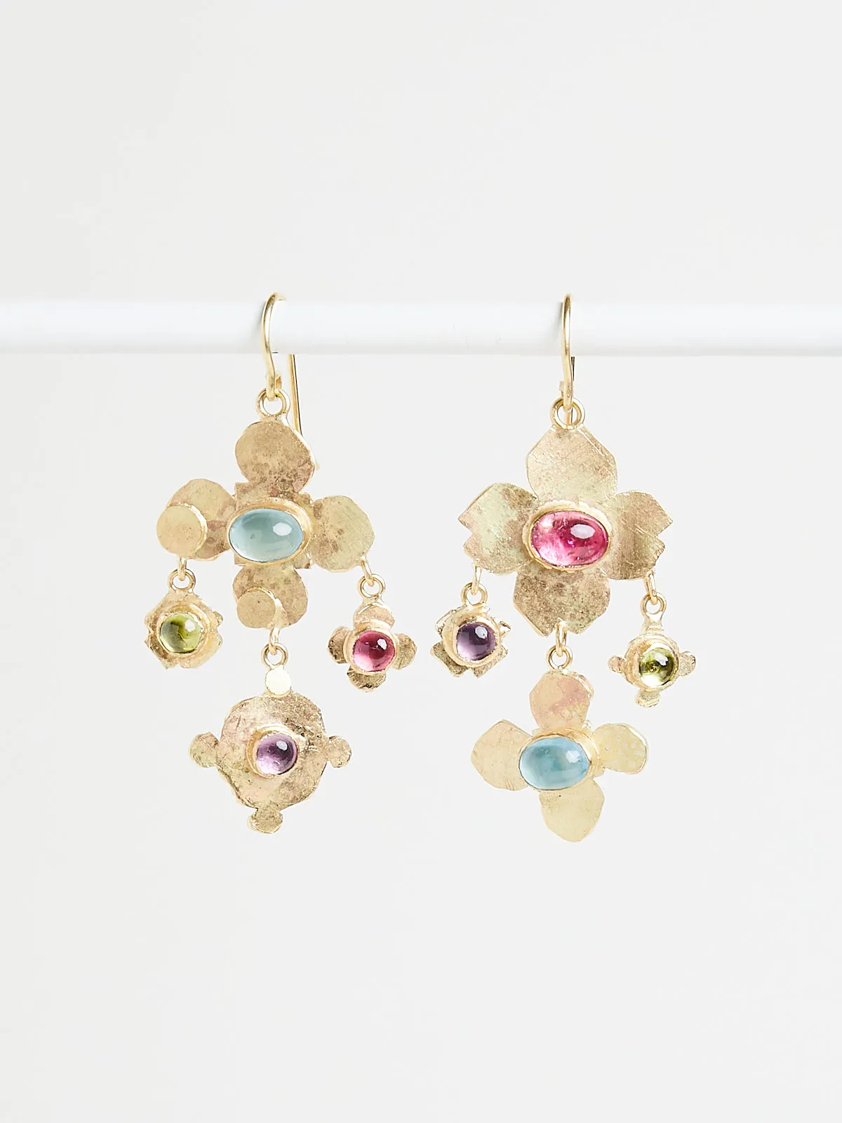 Two Tiered Medieval Folklorish Earrings with Dangling Colourful Gemstones
