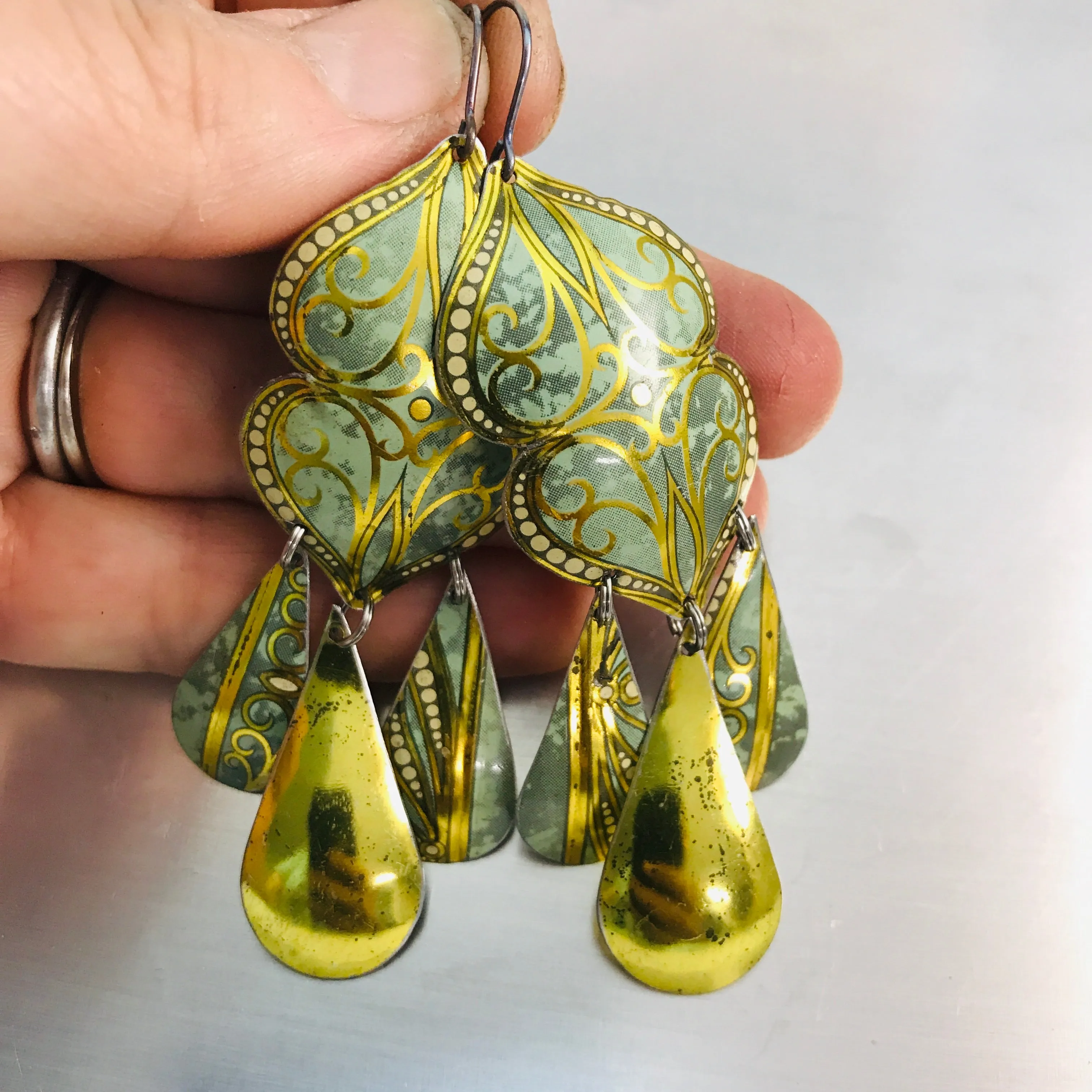 Verdigris & Golden Swirls Zero Waste Tin Chandelier Earrings