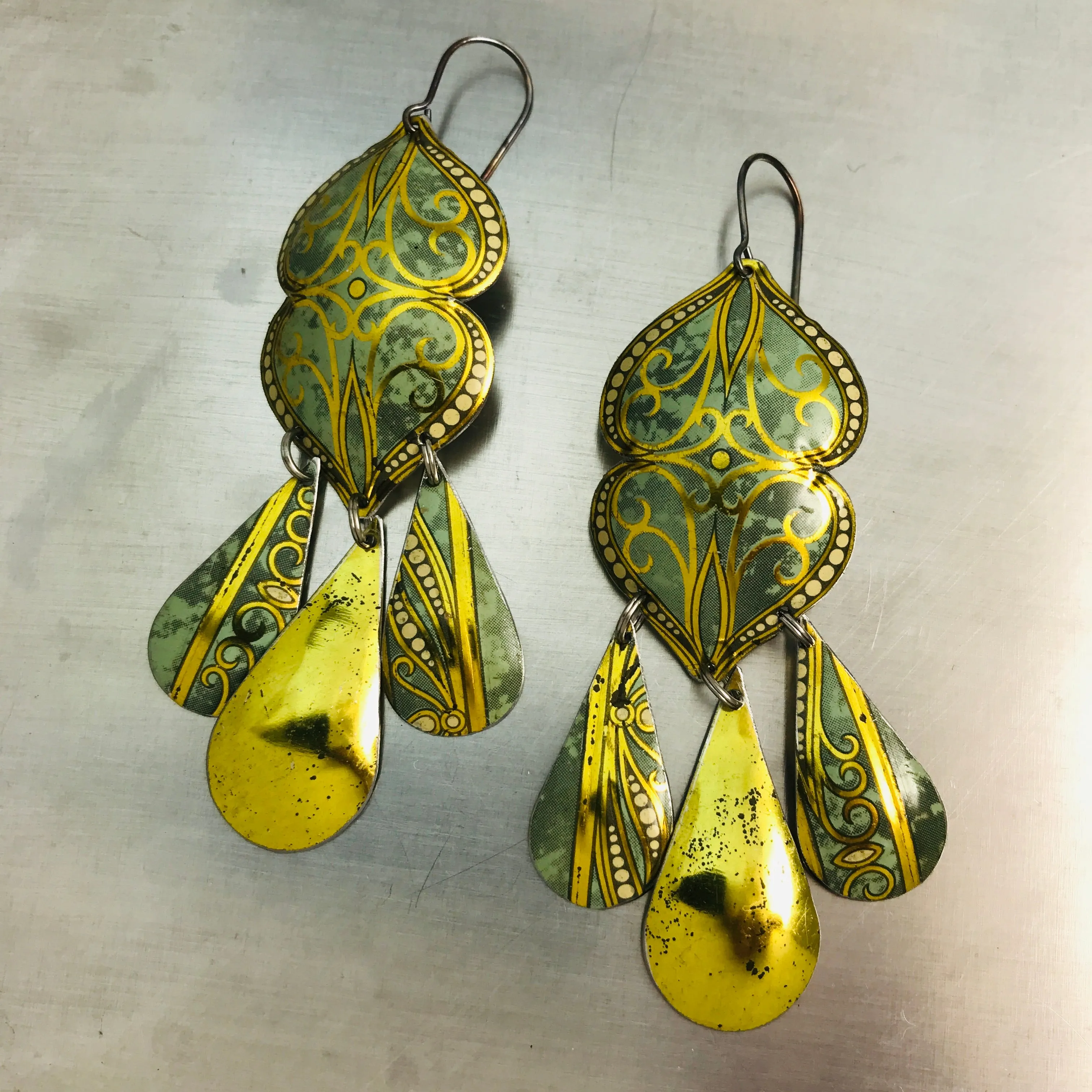 Verdigris & Golden Swirls Zero Waste Tin Chandelier Earrings