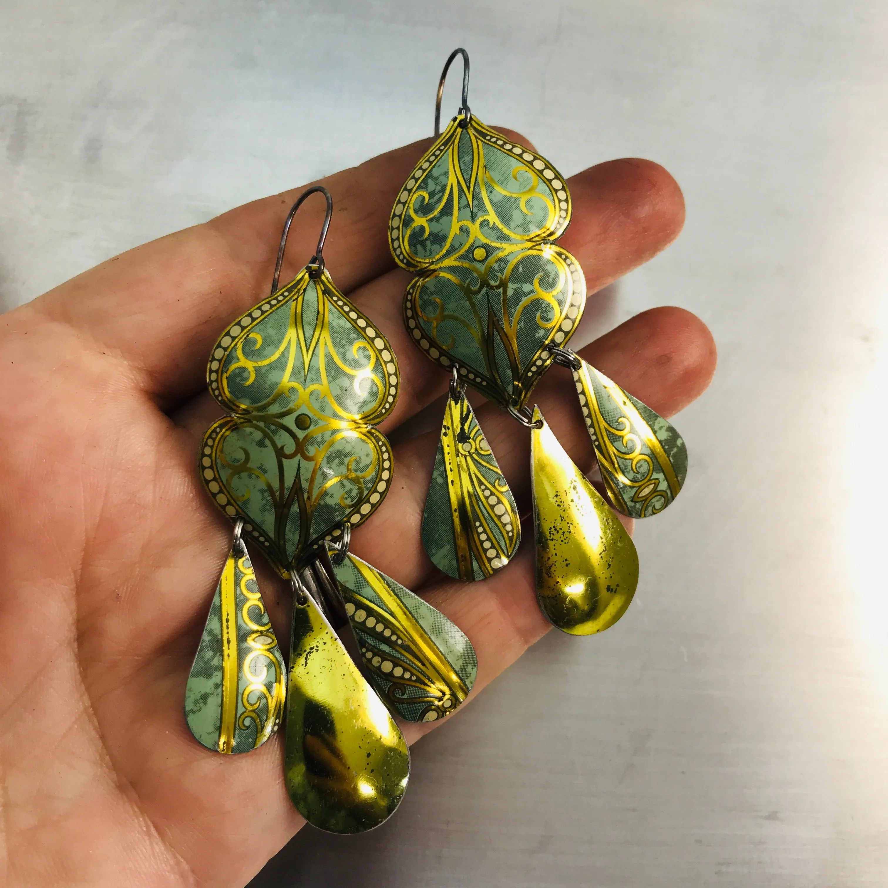Verdigris & Golden Swirls Zero Waste Tin Chandelier Earrings