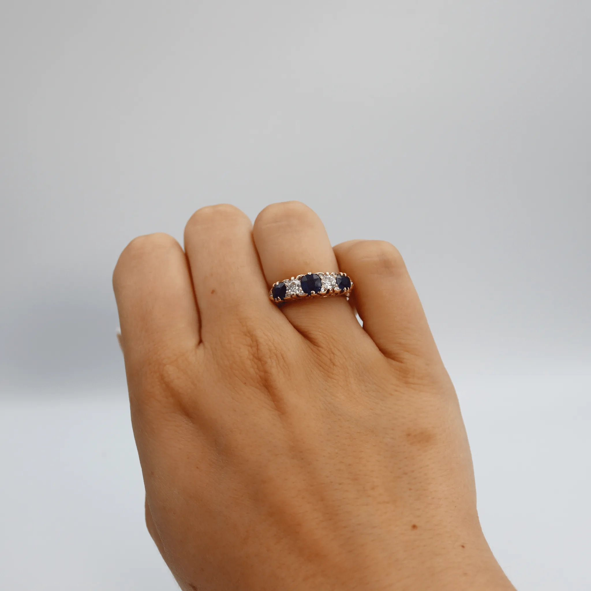 Victorian 18ct Yellow Gold Sapphire and Diamond Five Stone Ring