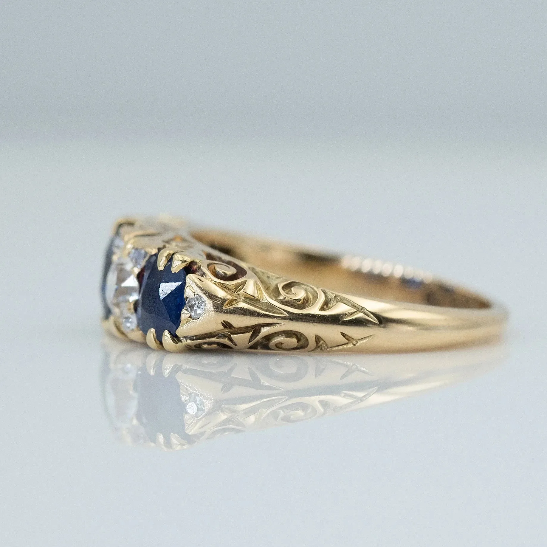 Victorian 18ct Yellow Gold Sapphire and Diamond Five Stone Ring