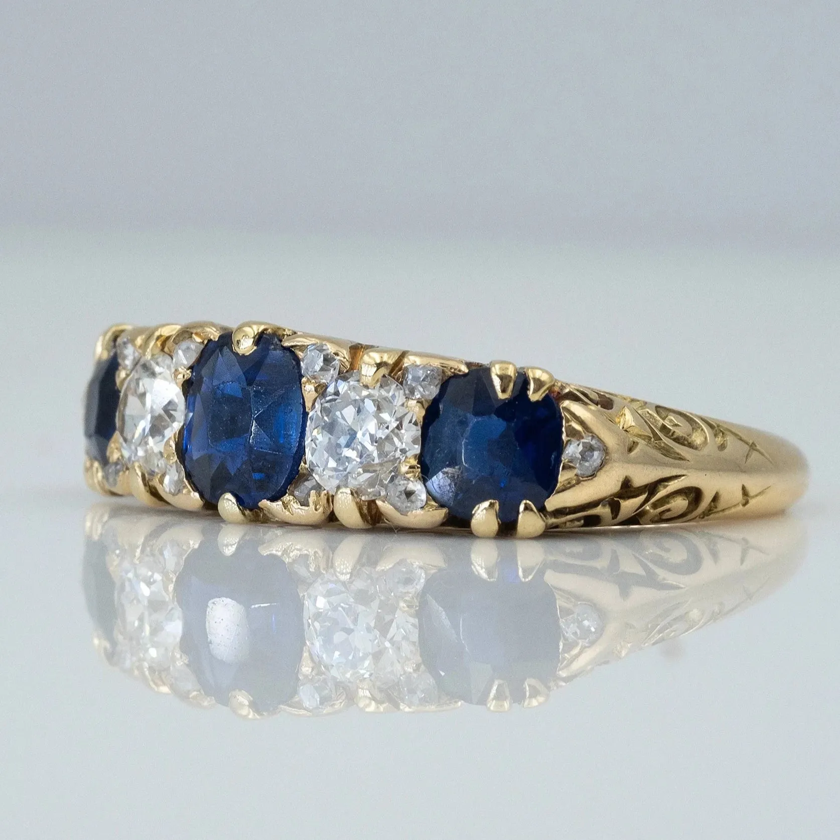Victorian 18ct Yellow Gold Sapphire and Diamond Five Stone Ring