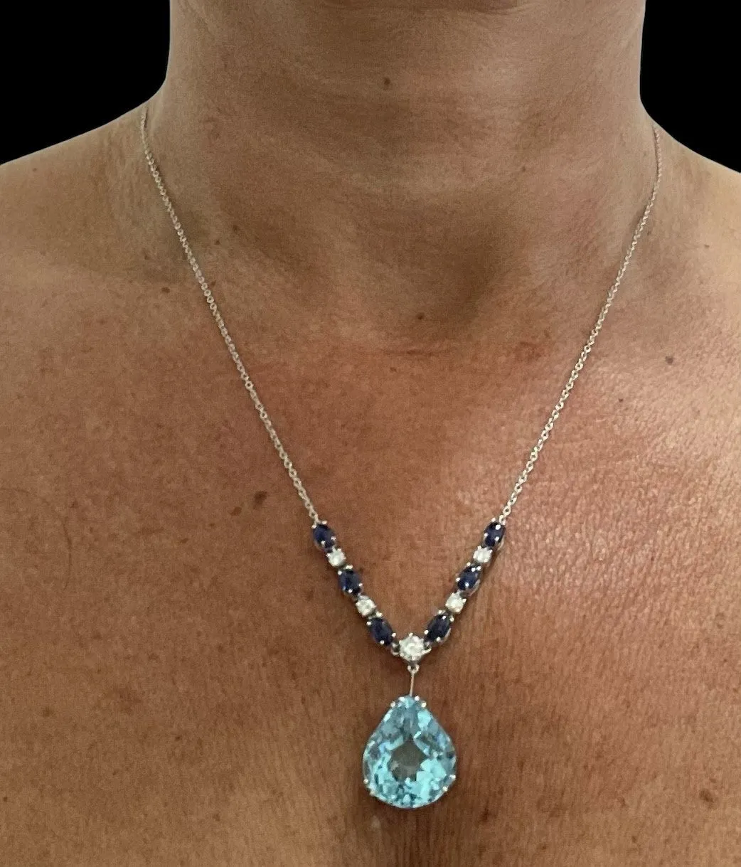 Vintage 12 Carat Aquamarine Diamond Sapphire Pendant Necklace