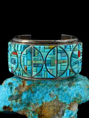 Vintage Native American Sterling Silver Inlay Turquoise and Coral Bracelet