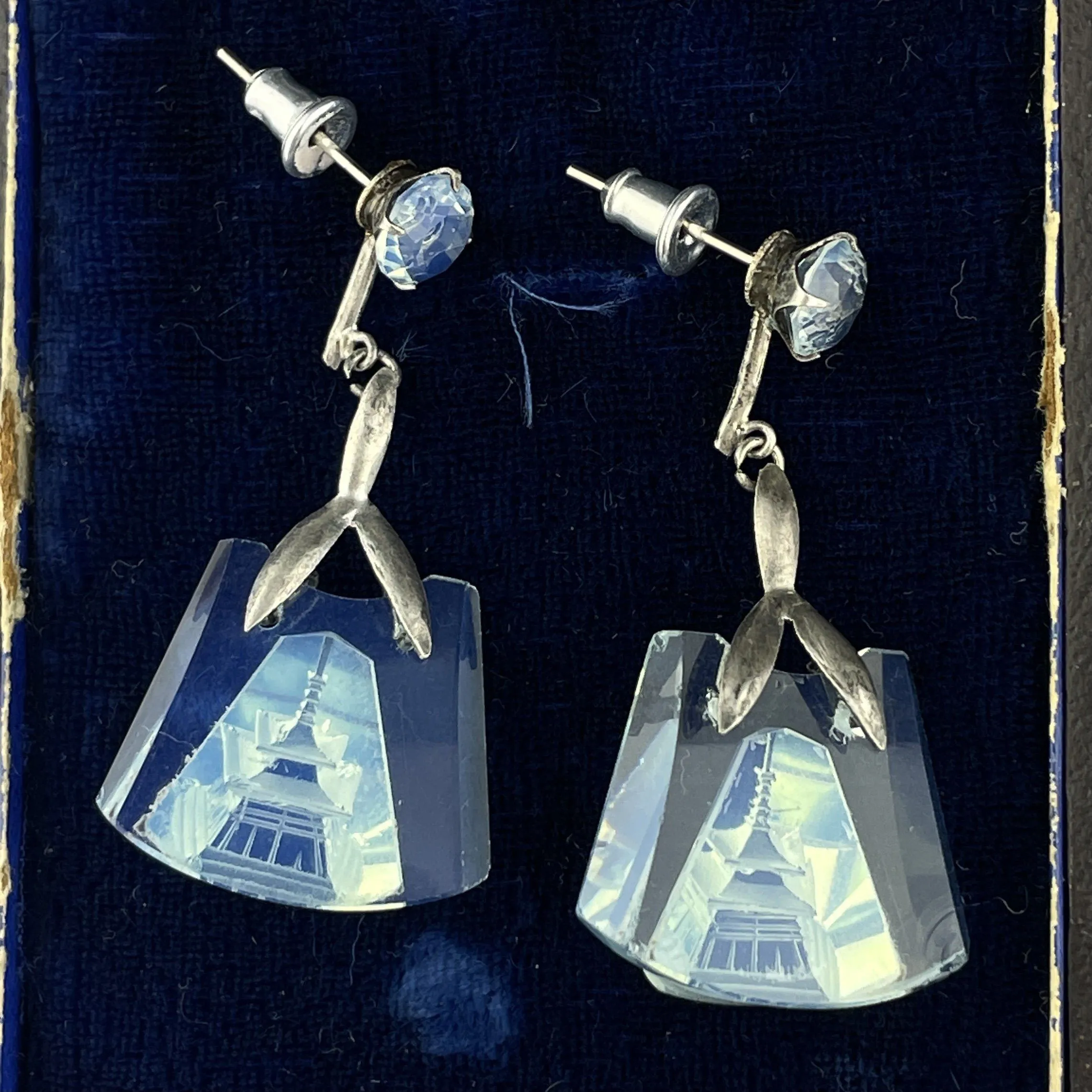 Vintage Silver Moonstone Carved Pagoda Blue Japanese Earrings