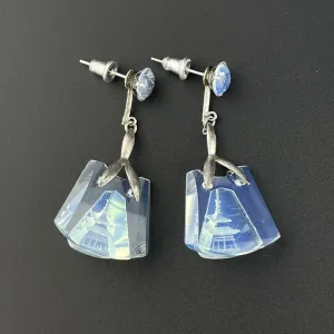 Vintage Silver Moonstone Carved Pagoda Blue Japanese Earrings