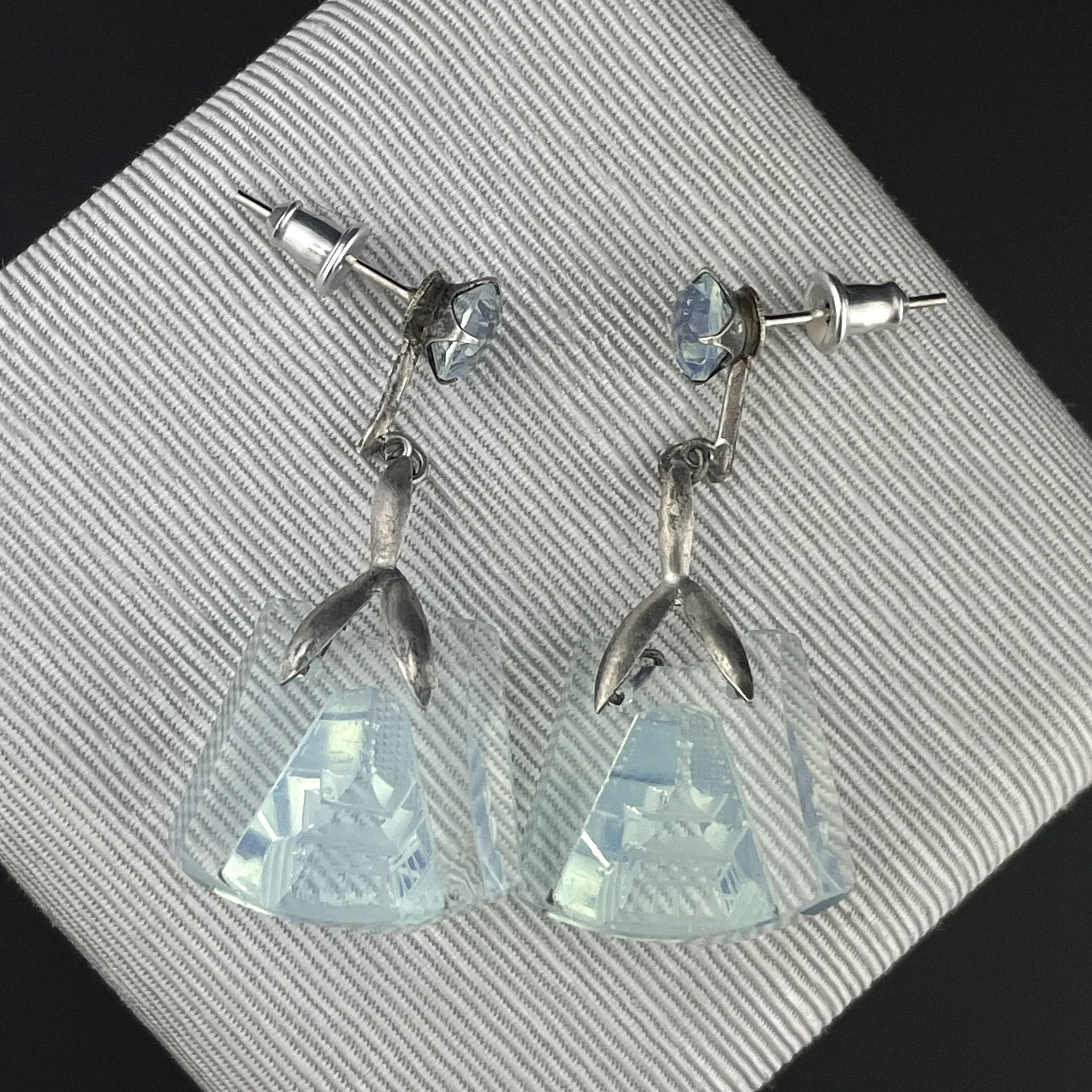 Vintage Silver Moonstone Carved Pagoda Blue Japanese Earrings
